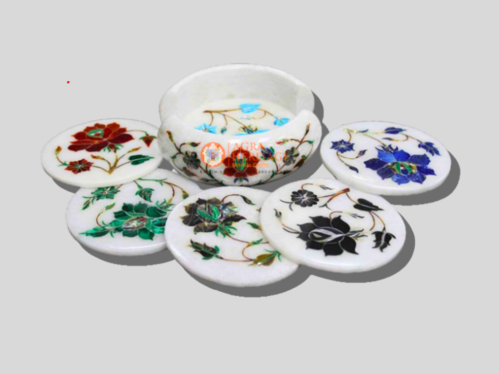 Multi Inlay Floral Design Marble Round Coasters